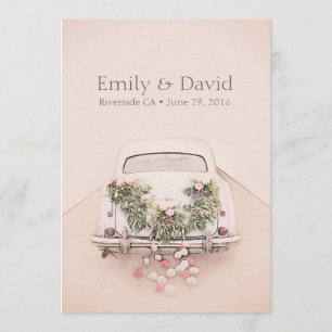 Getaway Car Wedding Romantische Blush Roze Uitnodi Kaart