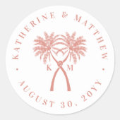 Getekte palmbomen Tropische bestemming bruiloft Ronde Sticker (Voorkant)