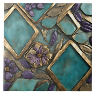 Getextureerde bloemkunst in turquoise en goud tegeltje