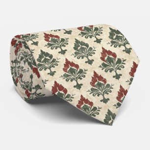 Getextuurde Vintage Damast Rood Groen Beige Stropdas