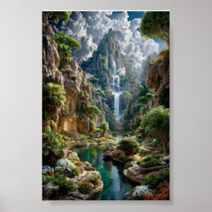 Getrapte Waterval Fantasieberg – Oud Kasteel Poster