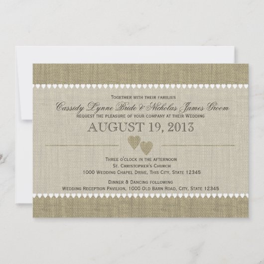 Getreasured Hearts en Burlap Bruiloft Kaart (Voorkant)