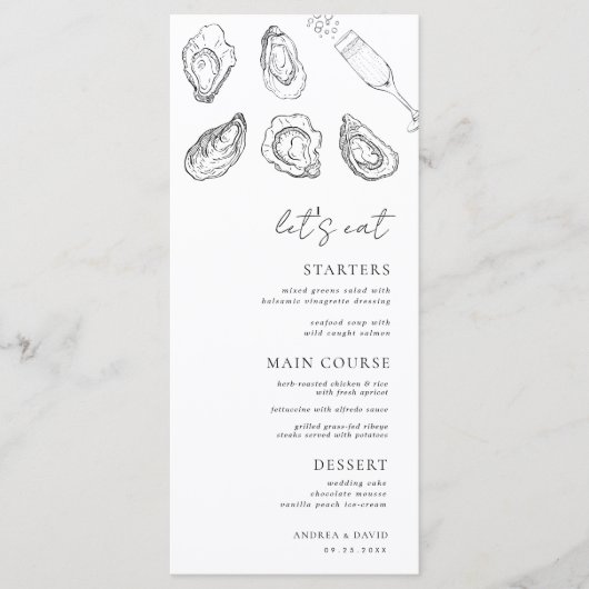 Getrokken champagne oesters Laten we eten witte br Menu (Voorkant)