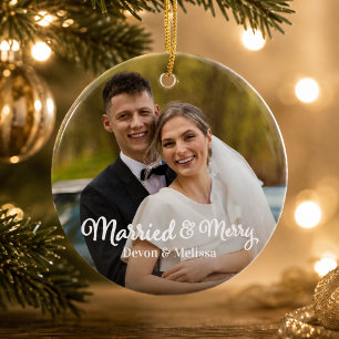 Getrouwd & Blij 1e Eerste Kerstmis Foto Overlay Keramisch Ornament