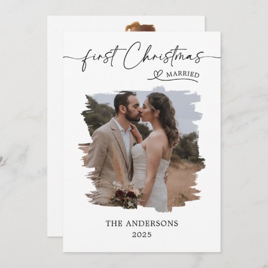 Getrouwd eerste kerst geborsteld foto bruiloft bedankkaart (Voorkant / Achterkant)