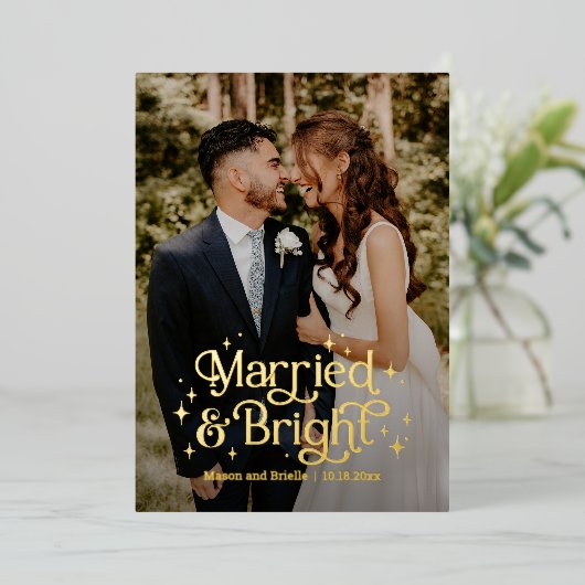 Getrouwd en helder ECHT FOIL Nieuwgetrouwd Kerstka Folie Feestdagenkaart (Staand Voorkant)