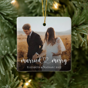Getrouwd en Vrolijk Elegant Foto Kerstmis Keramisch Ornament