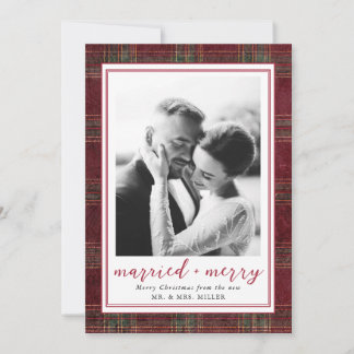 Getrouwd en vrolijk groene tartan geruite kerst feestdagenkaart