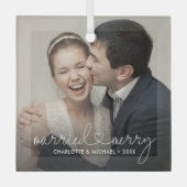 Getrouwd en vrolijk hart script moderne aangepaste glas ornament (Voorkant)