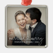 Getrouwd en vrolijk hart script moderne aangepaste metalen ornament (Voorkant)