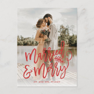 Getrouwd en vrolijk Nieuwgehuwd Kerst Foto Rood Feestdagenkaart