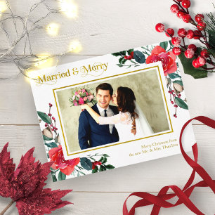 Getrouwd En Vrolijk Rood Bloemstuk Kerst Foto Briefkaart
