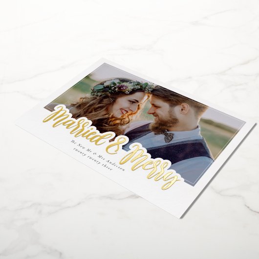 Getrouwd & Vrolijk Huwelijksfoto Echt Goud Folie Feestdagenkaart (Gedraaid)