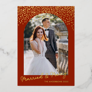 Getrouwd & vrolijk kerstfoto-boogframe rood folie feestdagenkaart