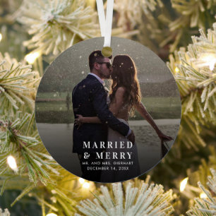 Getrouwd & Vrolijk Kerstmis Bruiloft Foto Feesteli Metalen Ornament