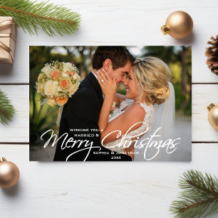 Getrouwd & Vrolijk Kerstmis Hand Lettered Foto Feestdagenkaart