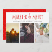 Getrouwd & vrolijk rood script drie foto vakantie feestdagenkaart (Voorkant / Achterkant)
