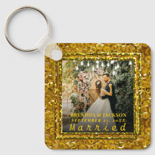 Getrouwde kerstfeest Elegant Gold Type Weddenfoto Sleutelhanger