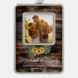 Getrouwde Merry Rustic Zonnebloem Eucalyptus Foto Verzilverd Kader Ornament