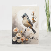 Getufte Titmouse Rust op Tree Limb Bloemen Blank Kaart (Voorkant)