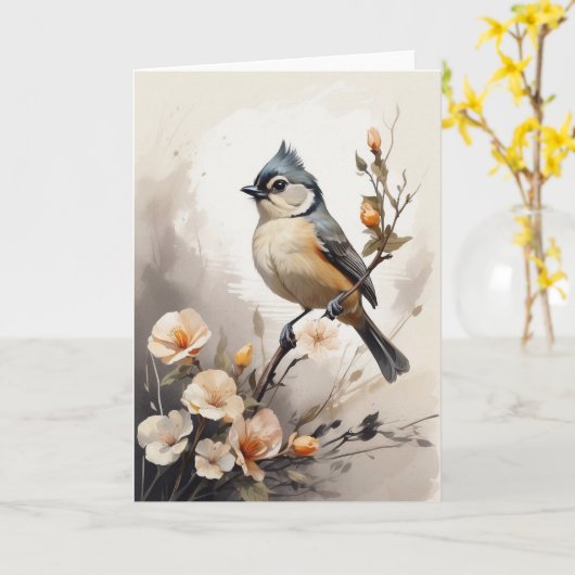 Getufte Titmouse Rust op Tree Limb Bloemen Blank Kaart (Gele Bloem)