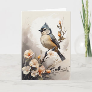 Getufte Titmouse Rust op Tree Limb Bloemen Blank Kaart