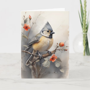 Getufte Titmouse Rust op Tree Red Flowers Blank Kaart