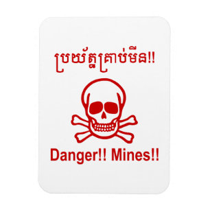 Gevaar!! Mijnen!! ☠ Cambodjaans Khmer Bord ☠ Magneet
