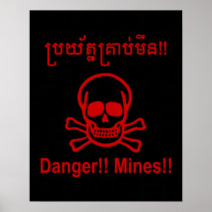 Gevaar!! Mijnen!! ☠ Cambodjaans Khmer Bord ☠ Poster