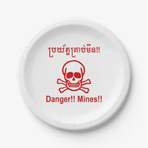Gevaar! Mijnen! ☠ Cambodjaanse Khmer ☠ Papieren Bordje