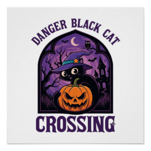 Gevaar Zwarte Kat Oversteekt Halloween Pompoen Hek Perfect Poster