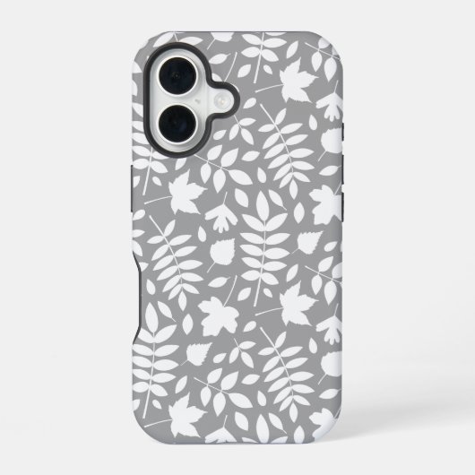Gevallen Bladeren Patroon Wit op Grijs iPhone 16 Hoesje (Achterkant)