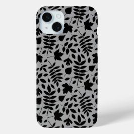 Gevallen bladeren Patroon zwart op grijs iPhone 15 Mini Hoesje