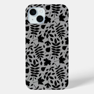 Gevallen bladeren Patroon zwart op grijs iPhone 15 Mini Hoesje