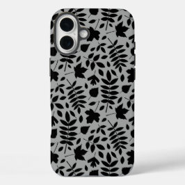 Gevallen bladeren Patroon zwart op grijs iPhone 16 Plus Hoesje