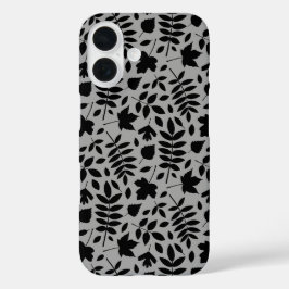 Gevallen bladeren Patroon zwart op grijs iPhone 16 Hoesje