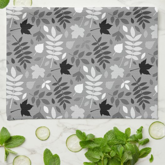 Gevallen bladeren RPT Patroon Monochrome op Grijs Theedoek (Gevouwen)