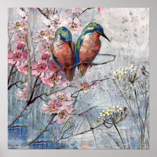  geverfde blauwe vogels en bloemen faux poster