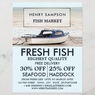Gevist boat, visser/vrouw, vismarkt-reclame flyer