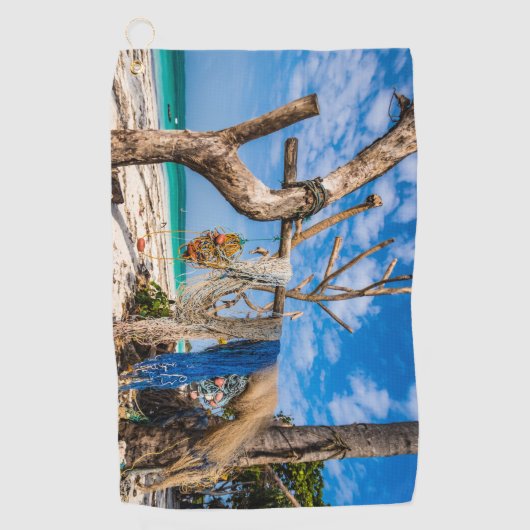 Gevist netten die op het strand drogen golfhanddoek (Voorkant)