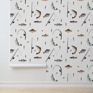 Gevist Rod & Reel Fish Thema Naadloos patroon Behang