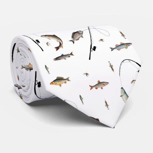 Gevist Rod & Reel Fish Theme Pattern Stropdas (Opgerold)