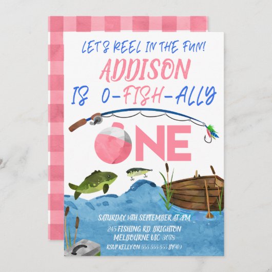 Gevist Roze Reel In Fun Ofishally 1e Verjaardag Kaart (Voorkant / Achterkant)