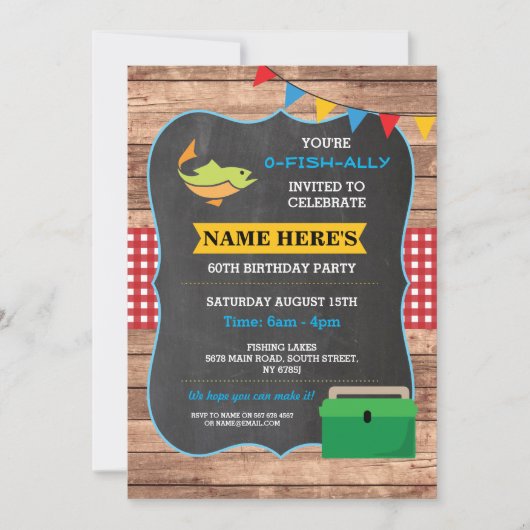 Geviste Verjaardagsfeest Rustiek Hout Vis Rood Uit Kaart (Voorkant)