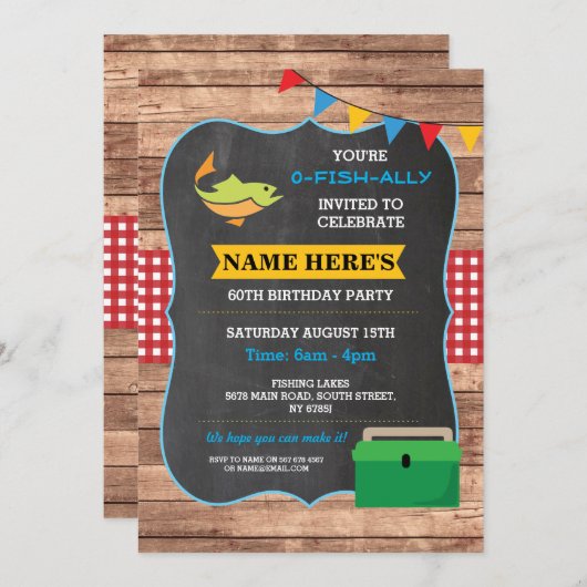 Geviste Verjaardagsfeest Rustiek Hout Vis Rood Uit Kaart (Voorkant / Achterkant)