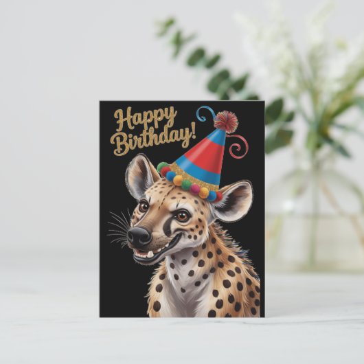 gevlekte hyena met verjaardagshoed briefkaart (Staand voorkant)