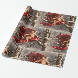 GEVLEUGELDE CHERUB OP WINTERBOOM MET VOGELS Kerstm Cadeaupapier