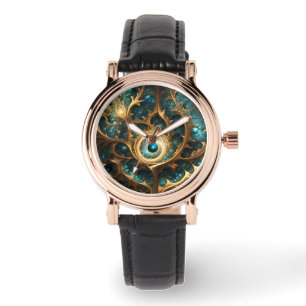 Gevoel van gezicht Blauwgroen en gouden fractal Ab Horloge
