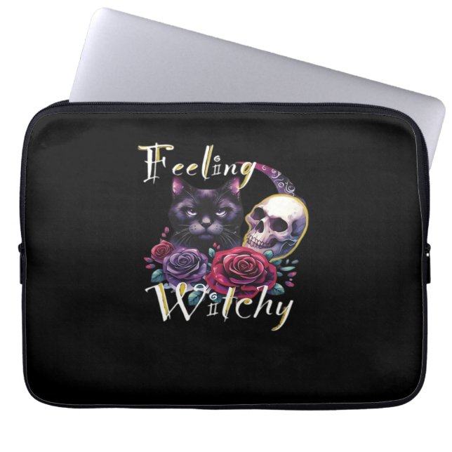 Gevoel Witchy Black Cat Classic T-shirt Laptop Sleeve (Voorkant)