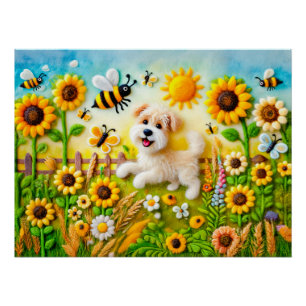 Gevoeld hondje met bijen in een zonnebloementuin perfect poster